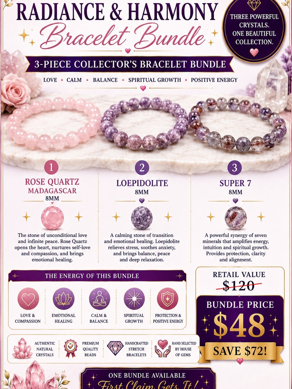 3-Piece Bracelet Bundle – Rose Quartz, Lepidolite & Super 7 (Pink & Purple)